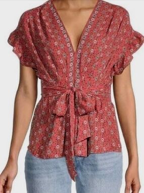 Max Studio Red Floral Tie-Front V-Neck Blouse